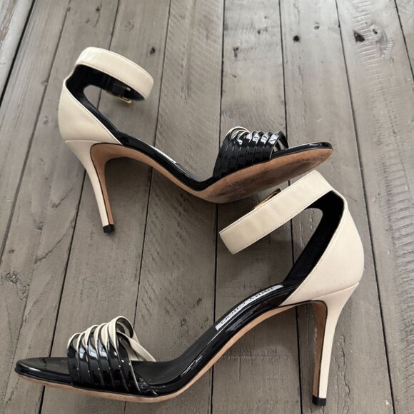 Jimmy Choo Livvi 85 Two-tone Leather Sandals Heels White Black - Picture 13 of 14